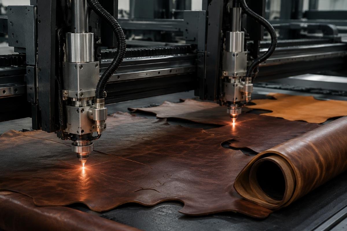 Two CNC cutting machines processing genuine leather rolls