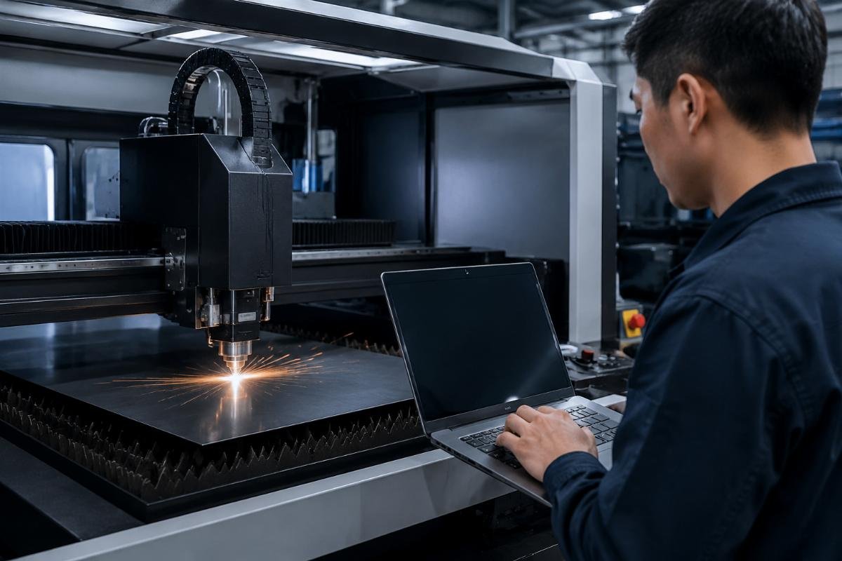 Technician running a remote diagnostic check on an existing CNC cutter’s control interface