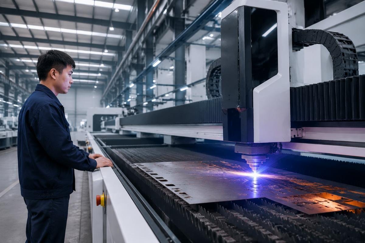 Factory production floor with staff monitoring a CNC cutting line