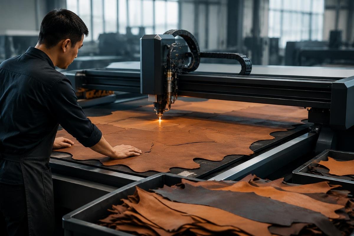 Furniture workshop operator using CNC cutting machine for leather upholstery