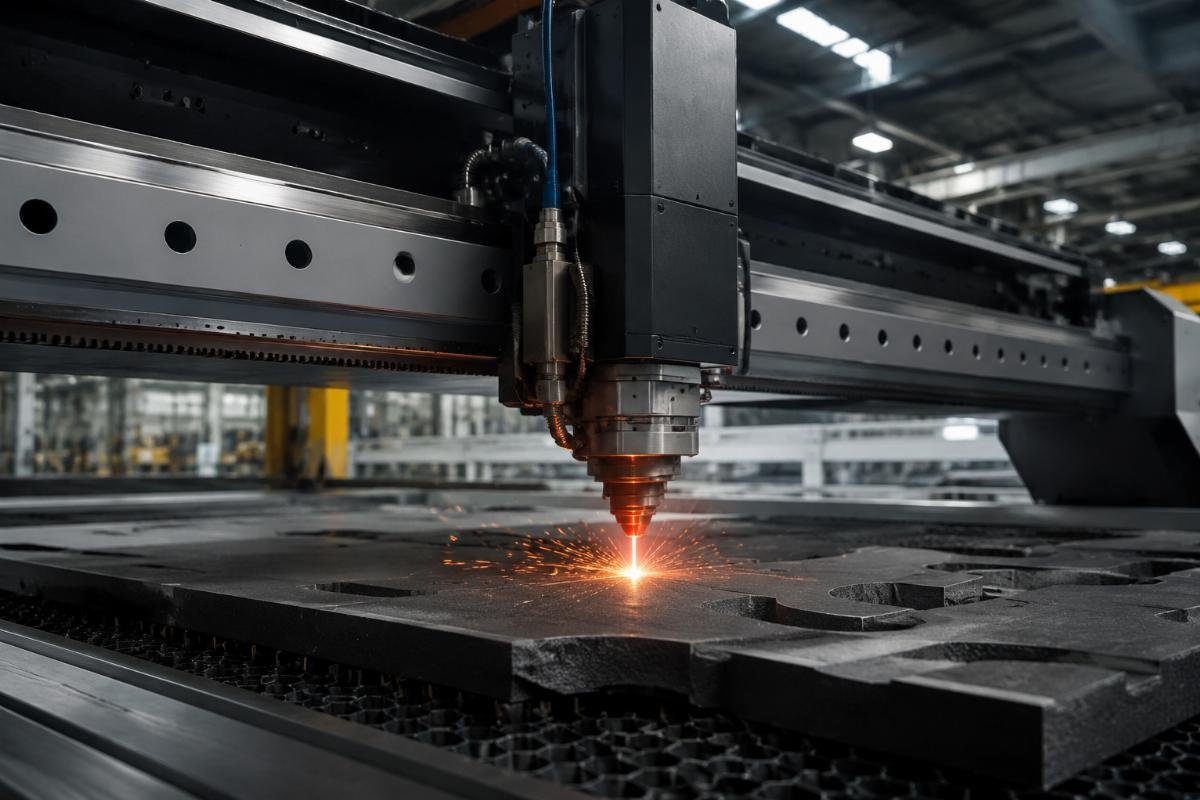 Heavy duty CNC cutter for thick composite material processing in Bulgaria A heavy-duty CNC cutting unit operating in a Bulgarian auto interior production facility