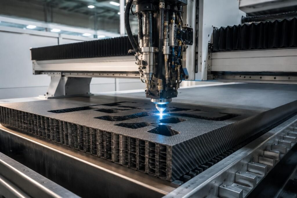 A CNC cutting machine processing thick composite materials in a Saudi automotive interior factory