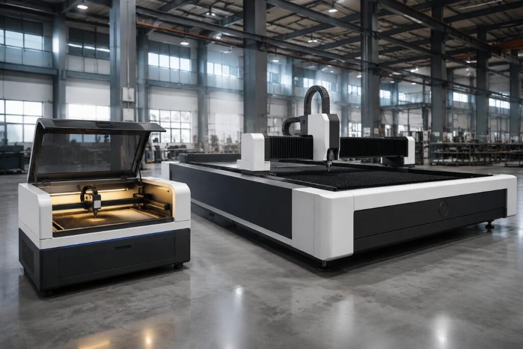 Side by side comparison of a small desktop CNC cutter and a full-size industrial flatbed CNC cutter on a factory floor