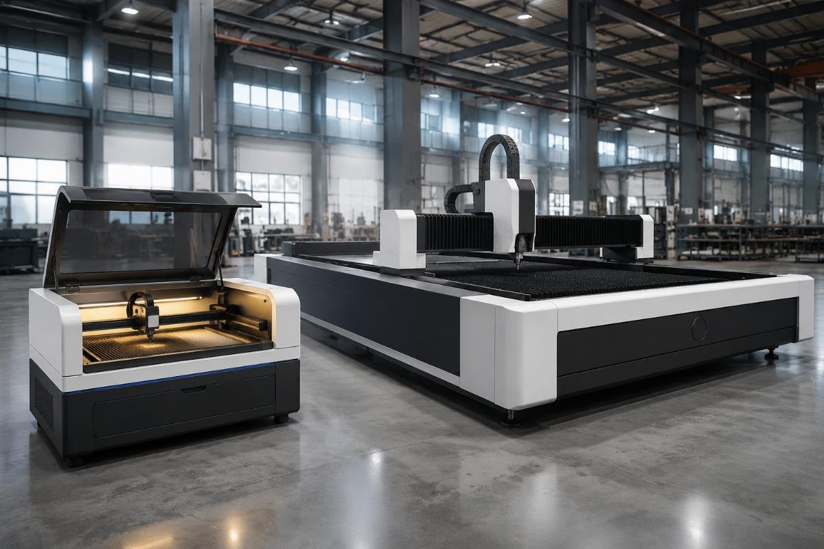 Side by side comparison of a small desktop CNC cutter and a full-size industrial flatbed CNC cutter on a factory floor