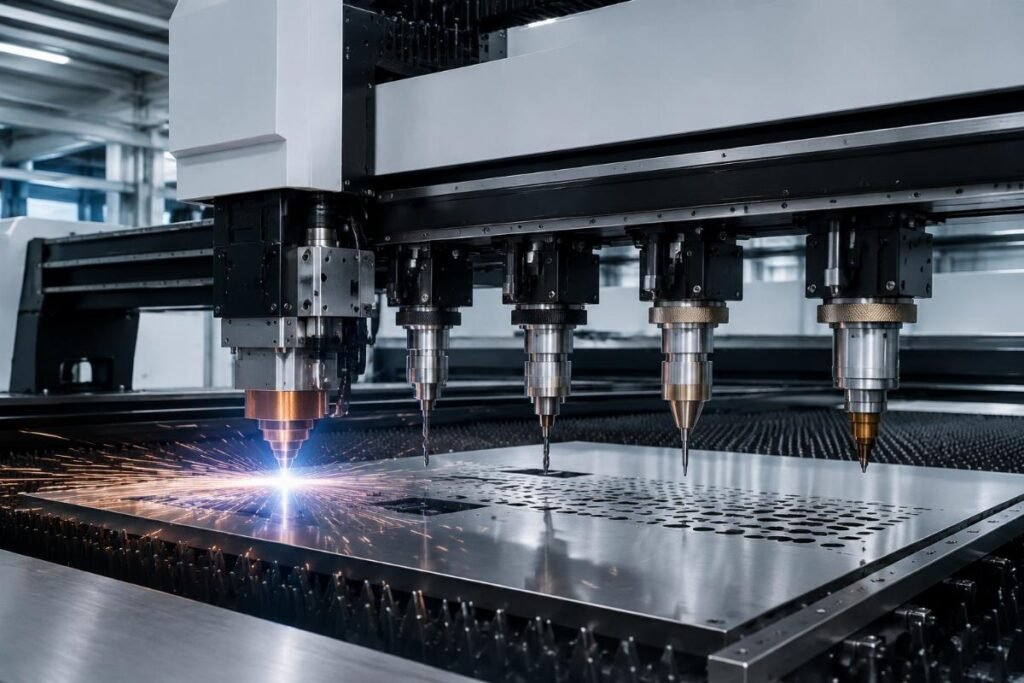 A multi-material CNC cutter with interchangeable tool heads operating in a modern production facility
