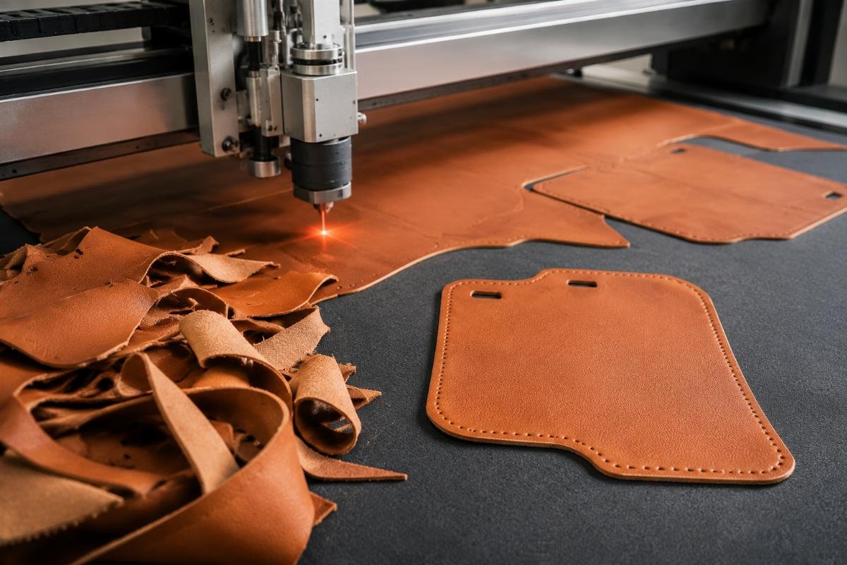 leather CNC cutter performance with reduced material waste A finished leather cut piece from a CNC machine next to a scrap pile showing reduced waste