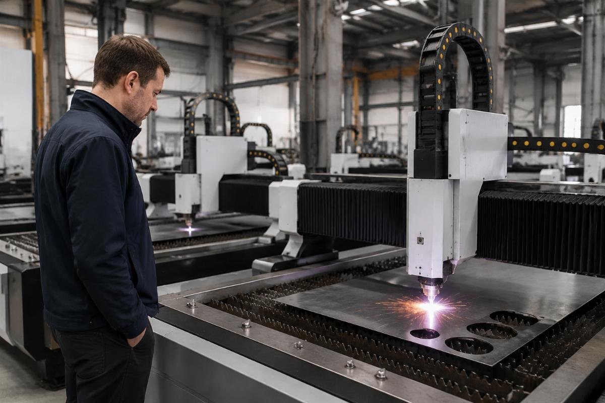 Low MOQ CNC cutters for regional machinery traders in Poland A trader inspecting custom CNC cutting machine units at a warehouse in Warsaw, Poland