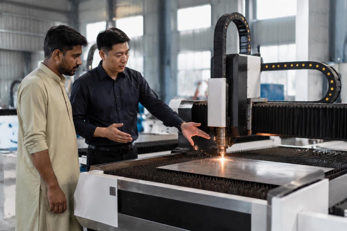 low MOQ CNC cutting machine for Pakistani trade buyers A machinery trader demonstrating a CNC cutting machine for a small sporting goods factory owner