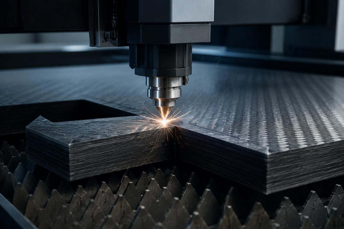 military grade composite material CNC cutting precision A CNC cutting machine processing 50mm thick carbon fiber composite material with clean, consistent edges