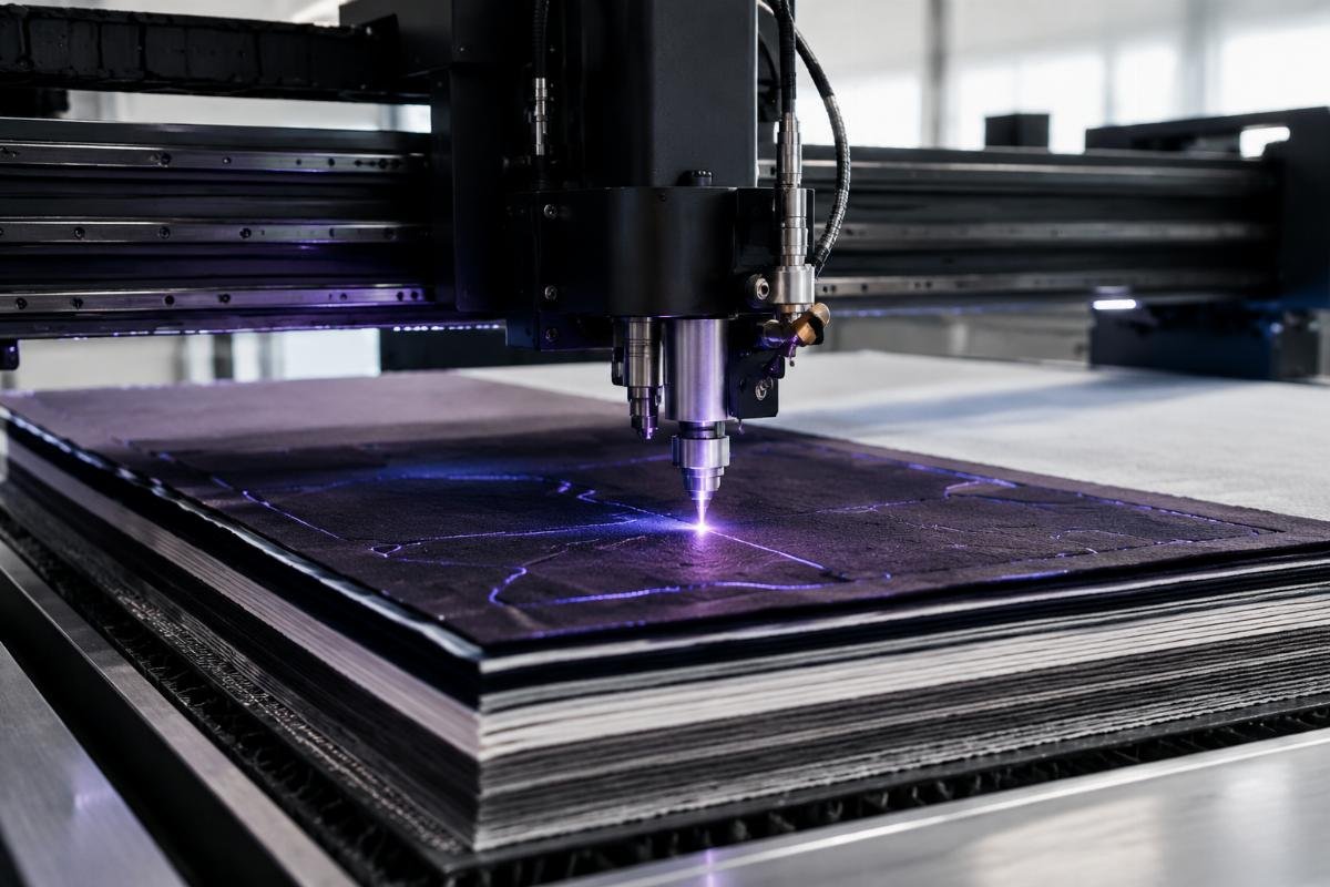 Multi-layer fabric CNC cutting efficiency Multi-layer fabric cutting process with aligned material stacks