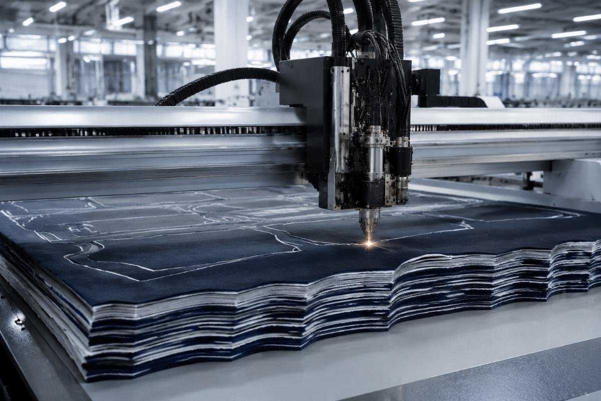 Industrial flatbed CNC cutter cutting multi-layer fabric in a garment production facility