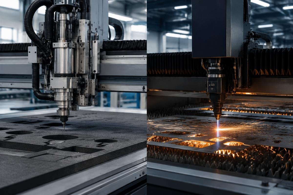 Side-by-side comparison of oscillating knife CNC and laser cutter on a factory production floor
