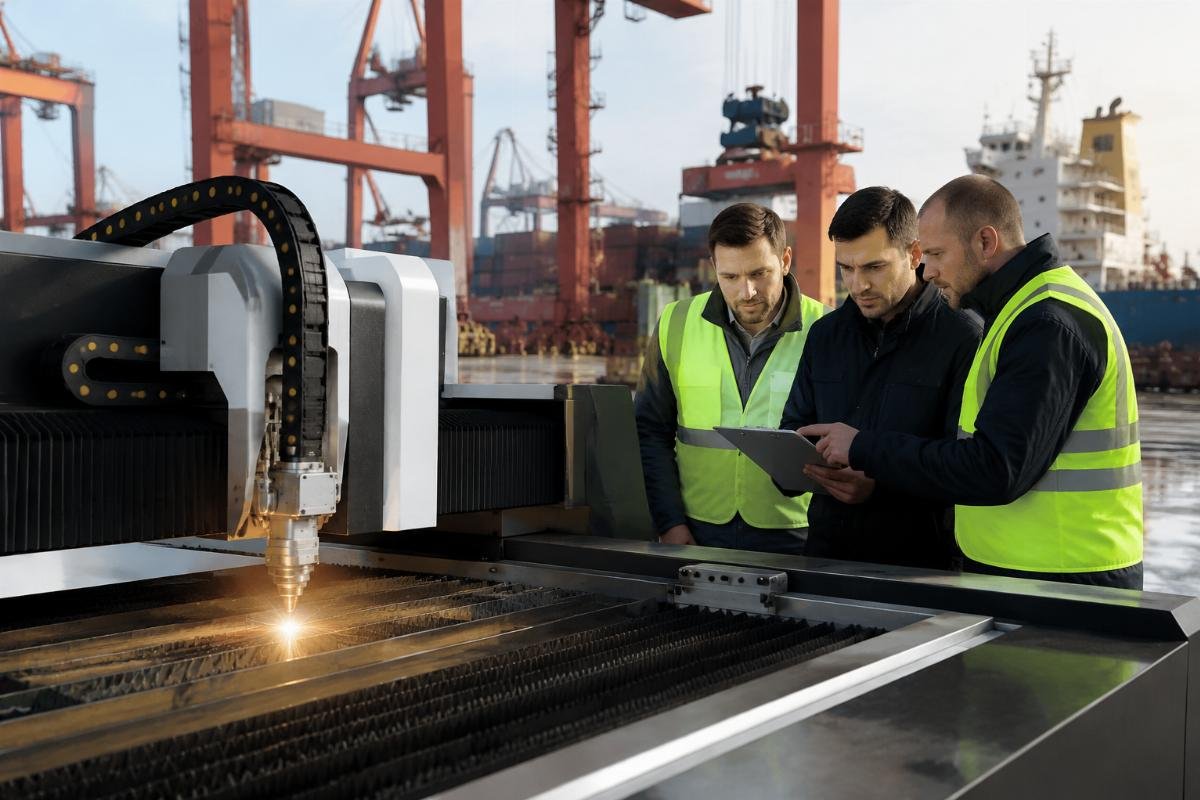 Reliable CNC machine sourcing for East European industrial buyers A logistics team inspecting CE-labeled industrial cutting equipment at a regional port in Poland