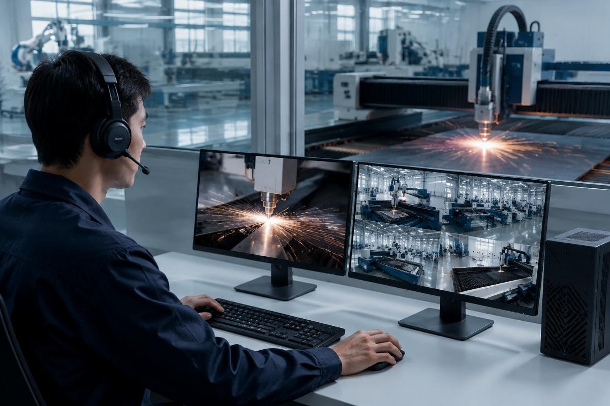 Support team monitoring CNC line performance remotely