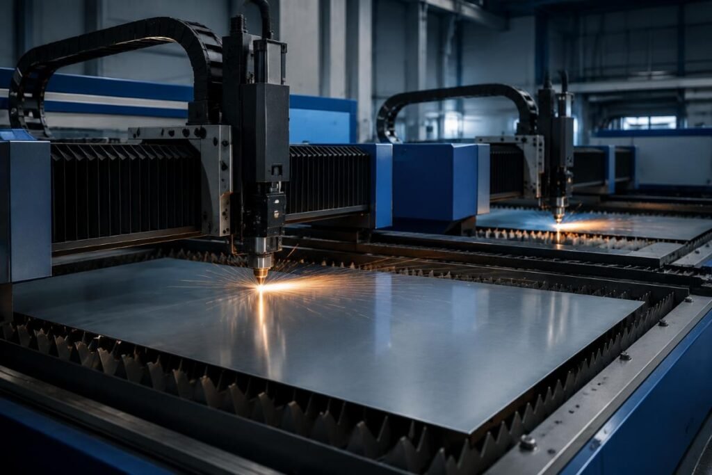Two matching CNC cutting machines running side by side on a factory floor