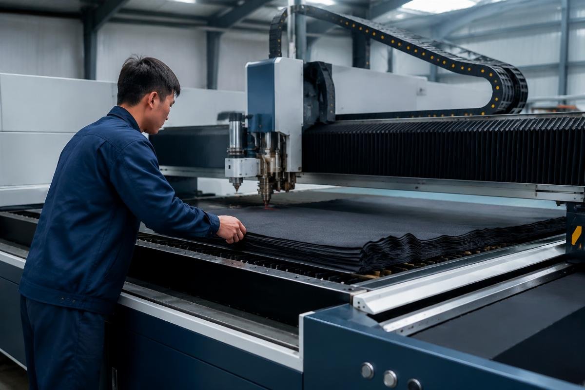 An operator standing next to a CNC cutting machine loading a stack of fabric for processing