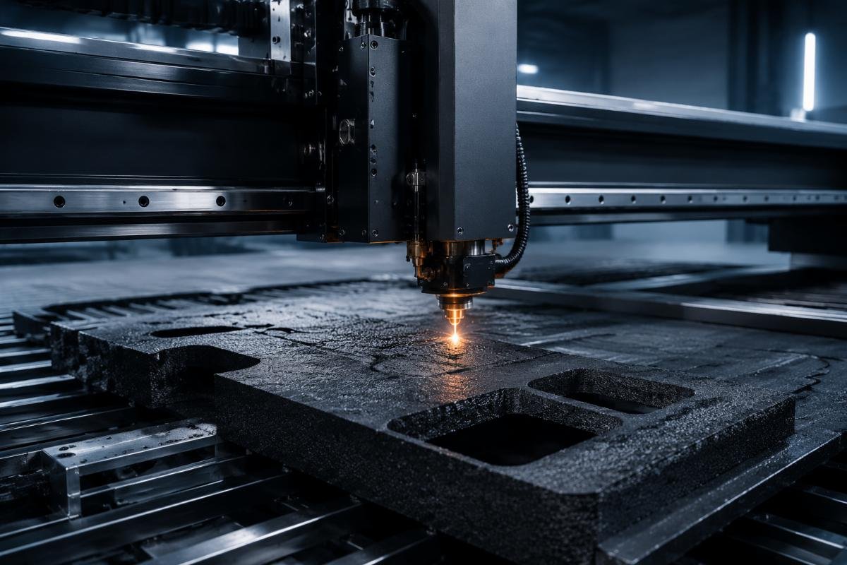 Industrial flatbed CNC cutter cutting thick composite material for automotive interiors