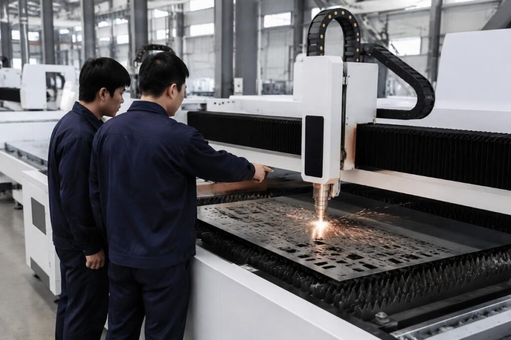 A factory technician walks an operator through core functions of a fully integrated CNC cutting line on the production floor