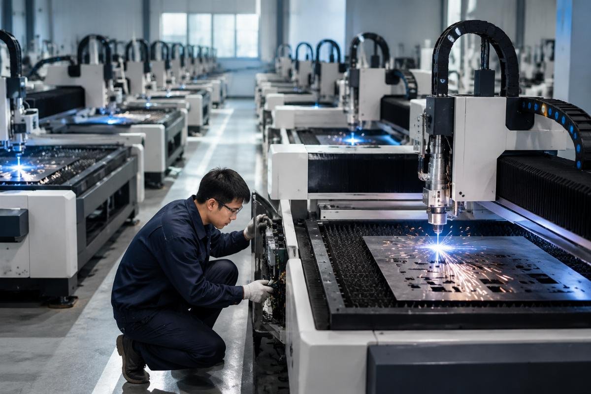 A technician conducting preventive maintenance on a fleet of 8 CNC cutters for automotive interior production