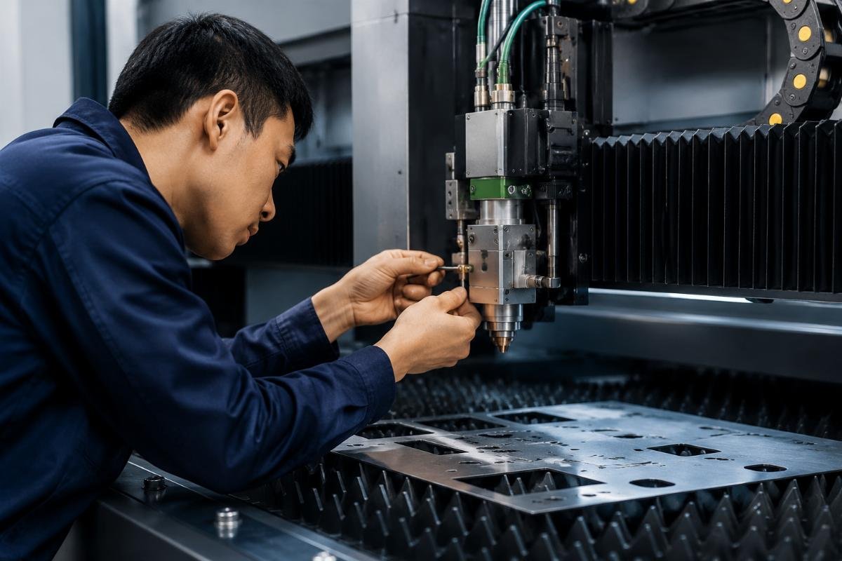 Technician completing a minor component repair on a well-maintained CNC cutter