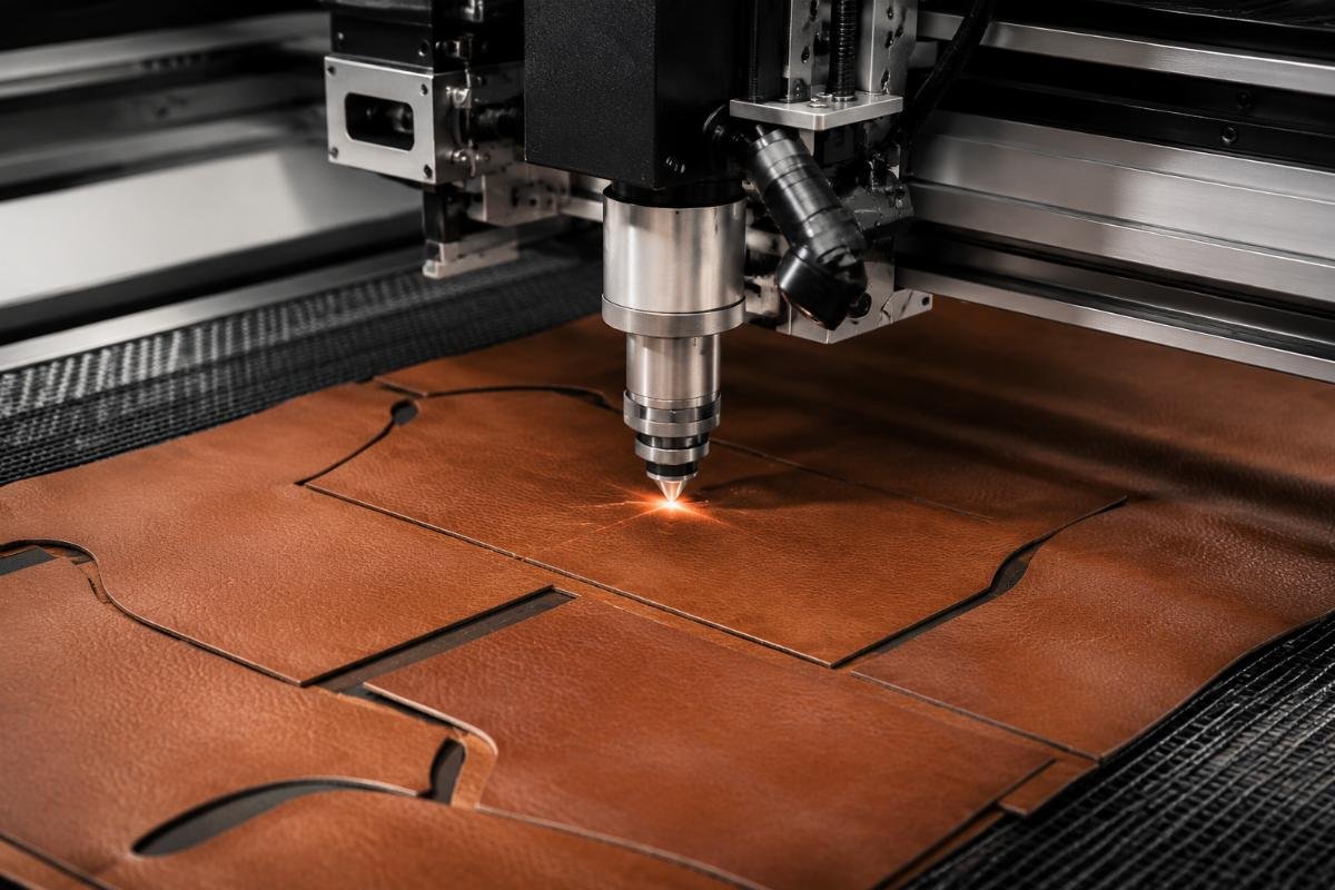 Vision system for leather cutting accuracy Leather factory using vision-guided custom CNC machine to cut genuine leather components