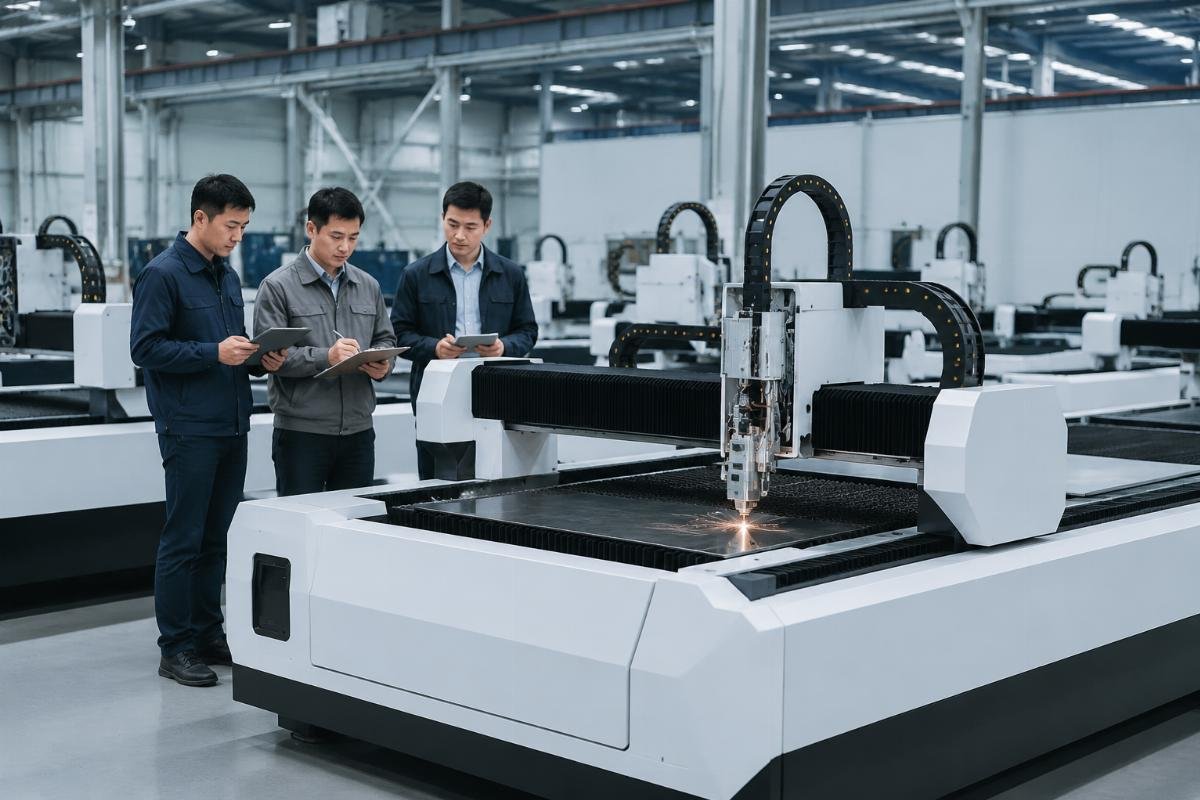 Trading company quality control team inspecting white-label custom CNC cutting machines before shipment